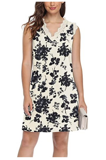 Womens V Neck Lace Trim Floral Tank Dress